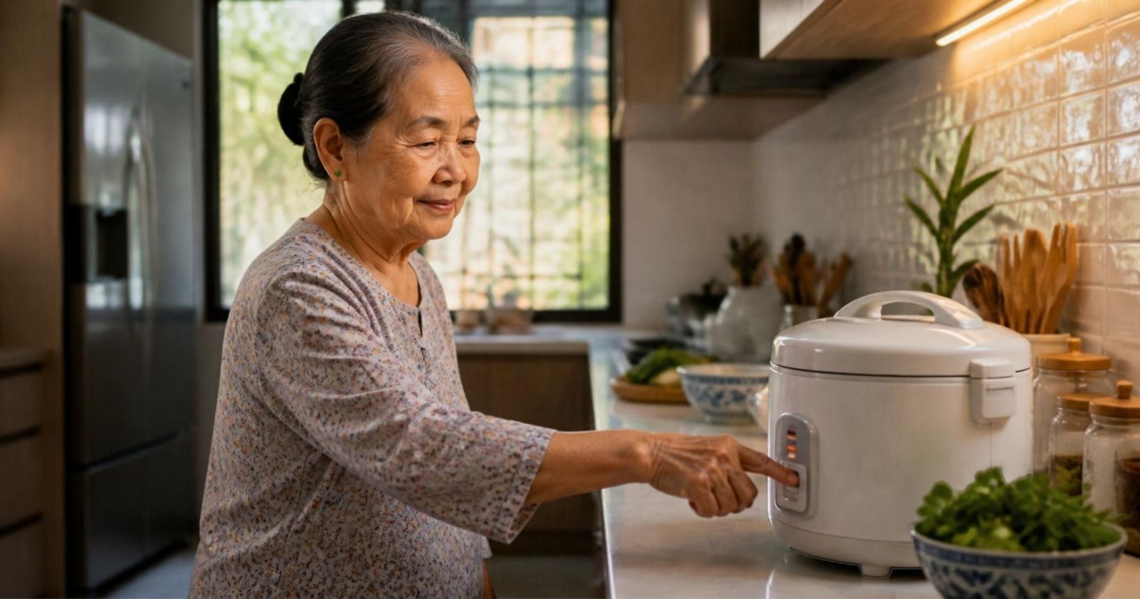 Người bà đứng trong bếp gia đình buổi chiều, với tay bật nồi cơm điện trên bàn bếp