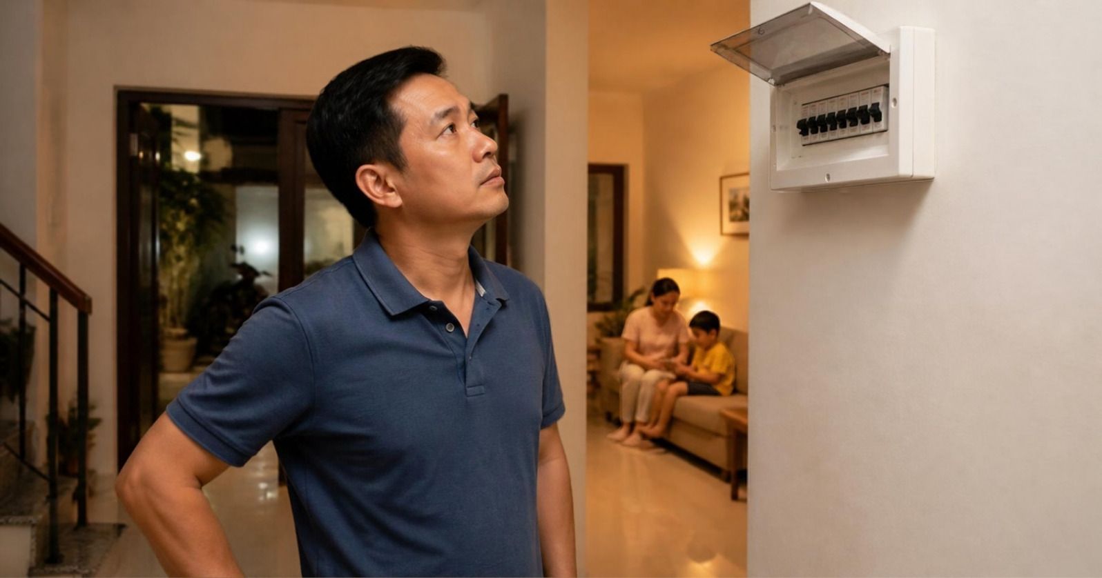 Người đàn ông đứng nhìn tủ điện trên tường nhà mình, vợ con ngồi trong phòng khách phía sau