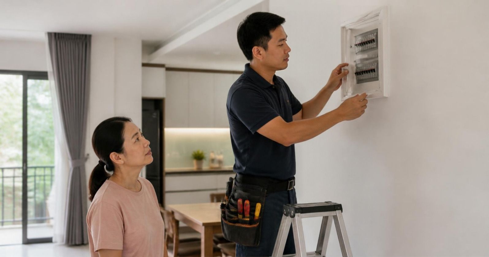 Kỹ thuật viên mở tủ điện trong nhà dân, chủ nhà đứng bên cạnh theo dõi