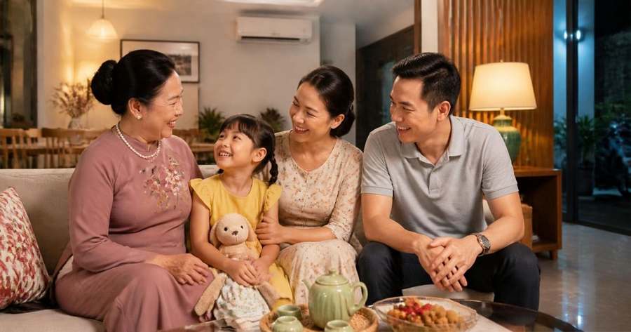 Gia đình Việt Nam ba thế hệ quây quần trong phòng khách buổi tối dưới ánh đèn ấm